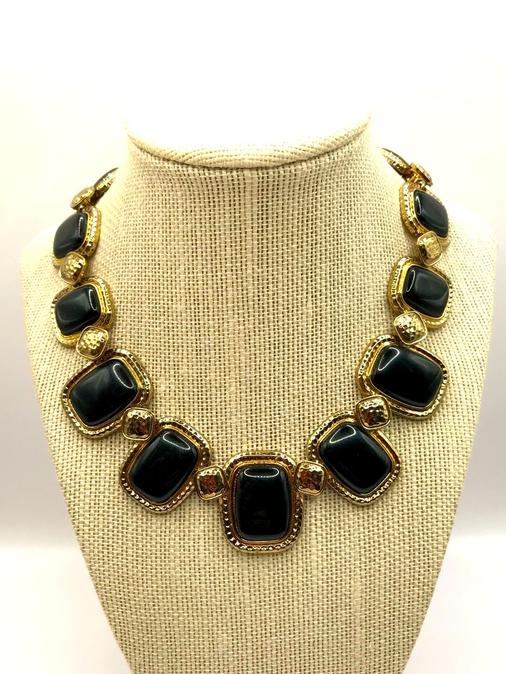 Monet Antique Gold-Tone Necklace with Black Acrylic Cabochons